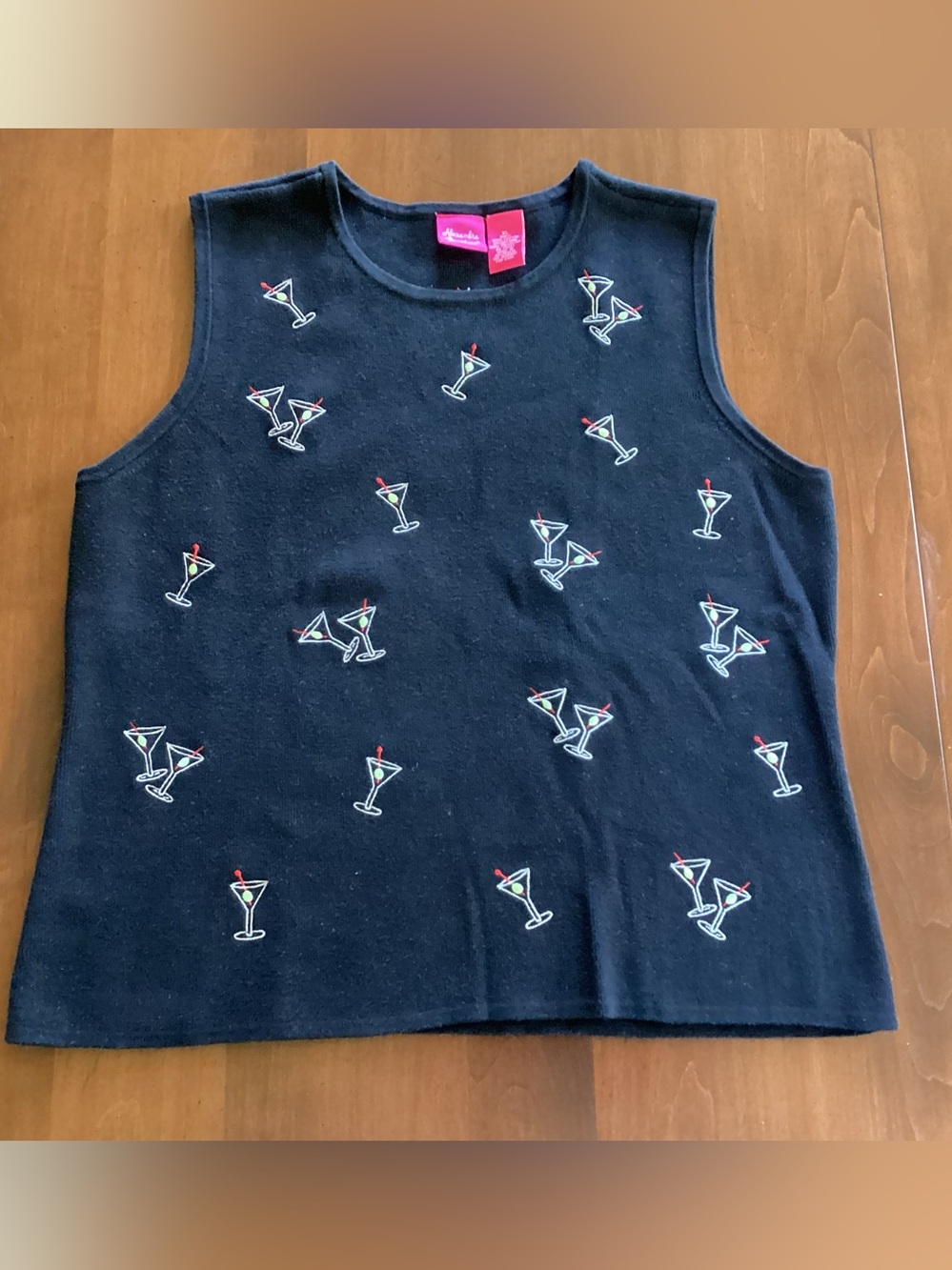 Alexandra Bartlett black cotton vest with martini glasses, Size XL